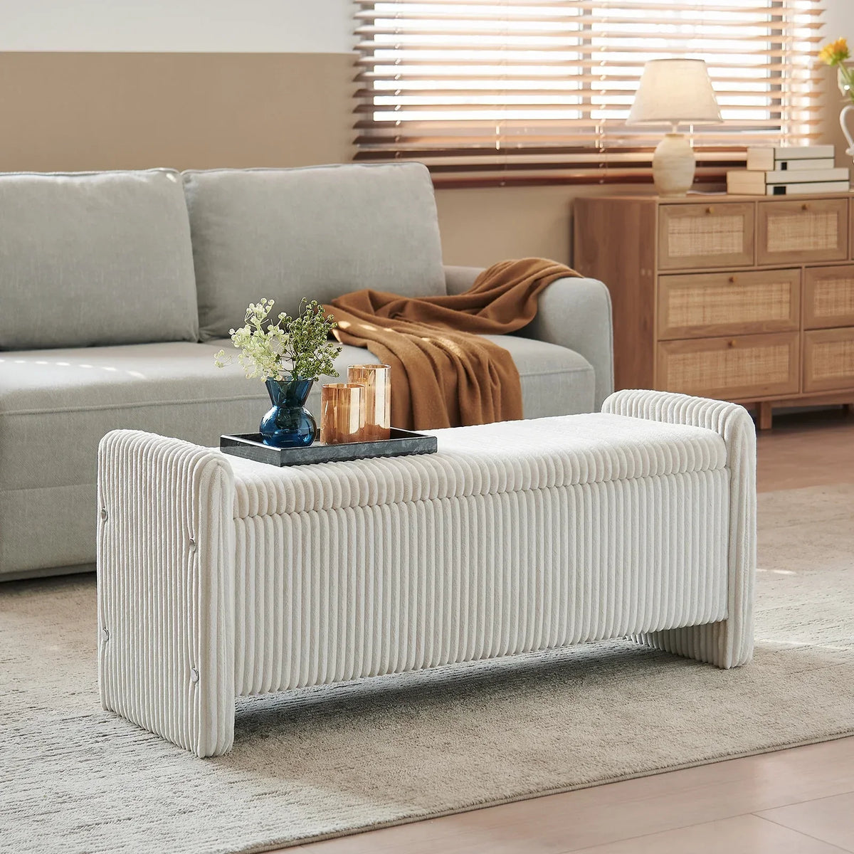 2026 NewPinmoco 44" Storage Ottoman Bench, Upholstered Entryway Bench with Storage End of Bed Bench for Bedroom& Living Room, Corduroy Gray