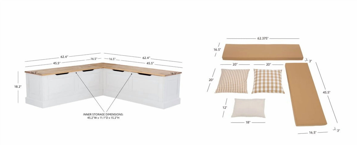 2026 NewLinon Romero Backless Corner Nook with Storage, 5-Piece Cushion Set, Natural/White/Beige