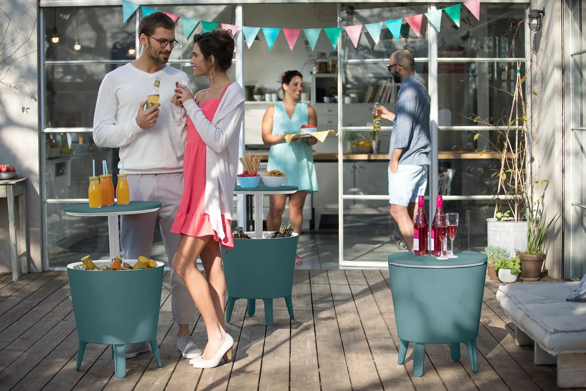 2026 NewKeter Pacific 7.5 Gallon Cool Bar 2 in 1 Weather Resistant Side Table and Bar Durable Resin Outdoor Patio Beverage Cooler Table, Rattan Look Brown