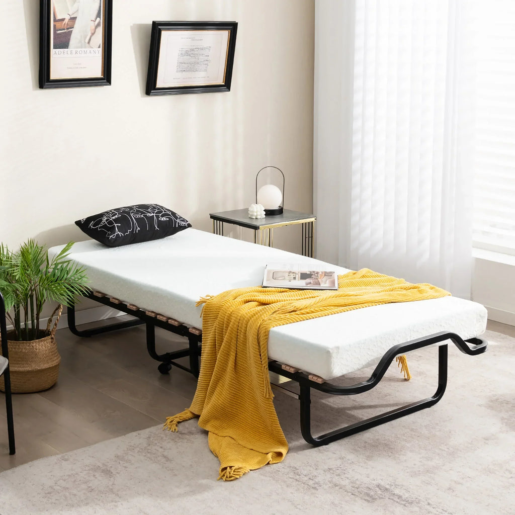 2026 NewGymax Portable Foldable Guest Bed w/ Solid Wood Slats & Metal Frame Rollaway Bed for Adults w/ Wheel