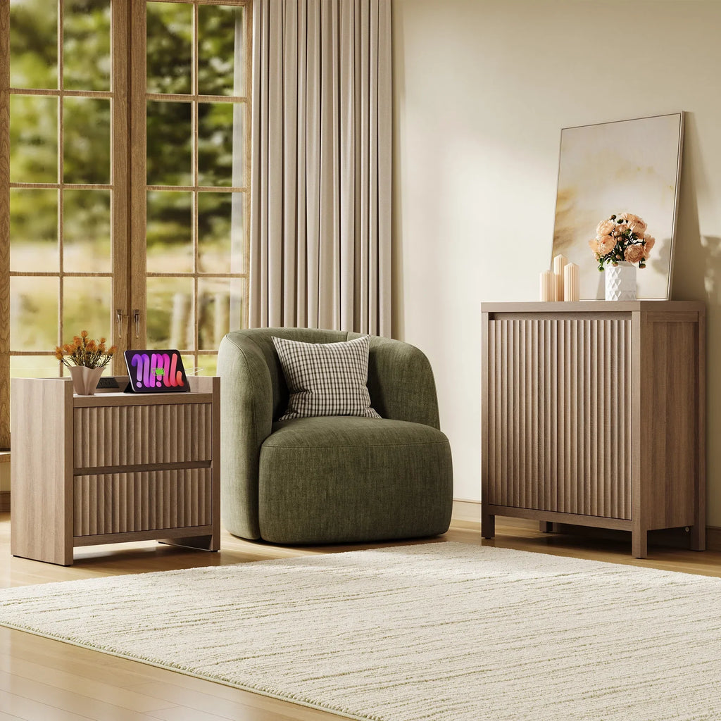 2026 NewSICOTAS 25.4" Wide Nightstand Set of 2 with Charging Station, Modern Night Stand with 2 Fluted Dresser & Handle-Less Storage Farmhouse Bed Side Table for Bedroom, Natural Oak