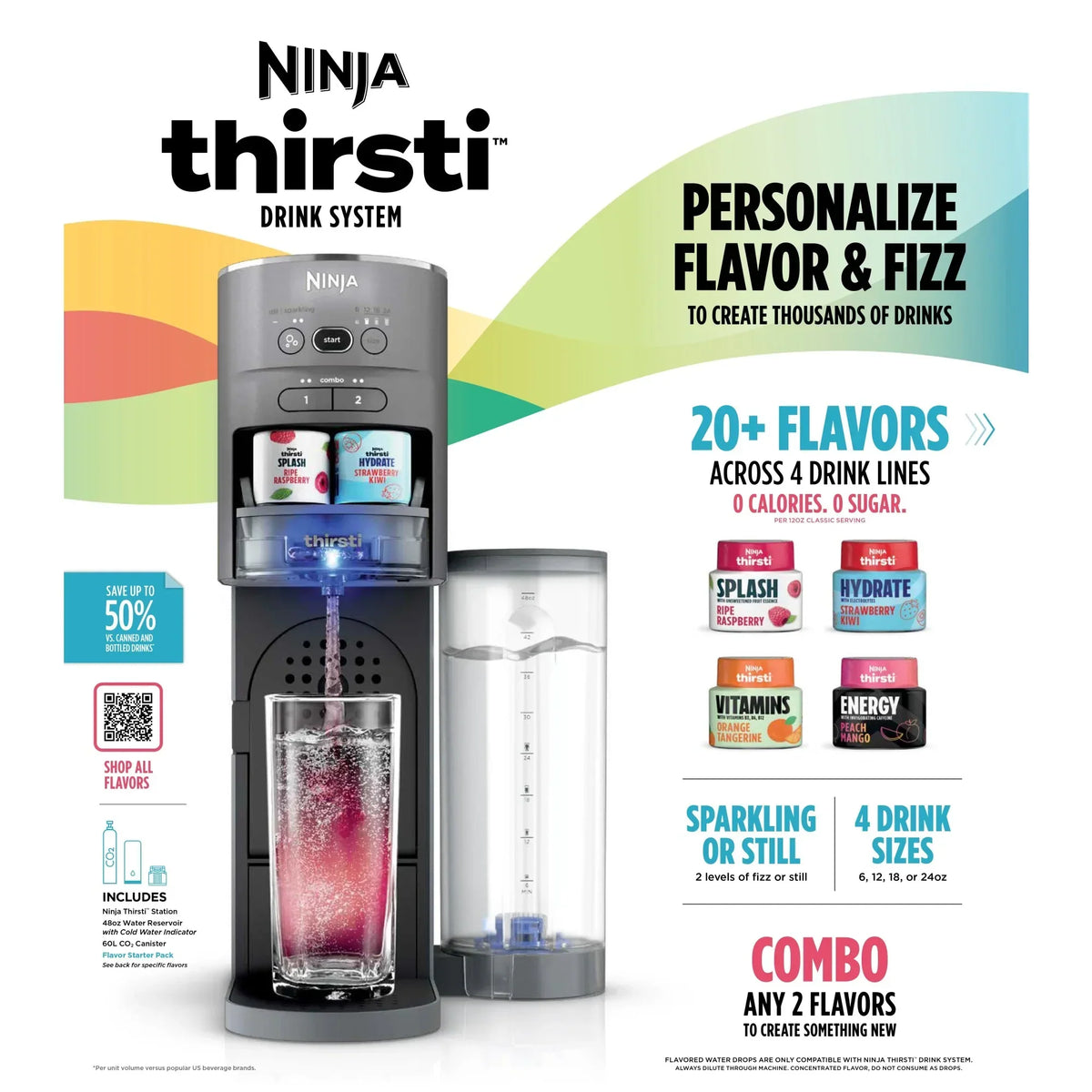 2026 NewNinja Thirsti Drink Maker, Still, Sparkling Custom Drink Kit, with CO2 Canister, Flavors, and 48 oz Reservoir