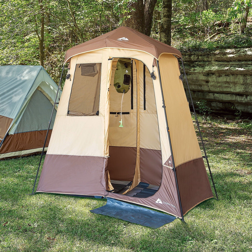 2026 NewOzark Trail 2-Room Shower & Utility Tent Combo Includes 5-Gallon Water Container, Easy Setup, Maximum Occupancy Is 2. Khaki Colour.