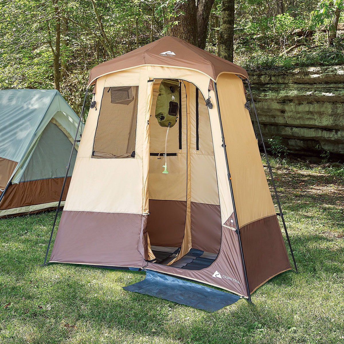 2026 NewOzark Trail 2-Room Shower & Utility Tent Combo Includes 5-Gallon Water Container, Easy Setup, Maximum Occupancy Is 2. Khaki Colour.