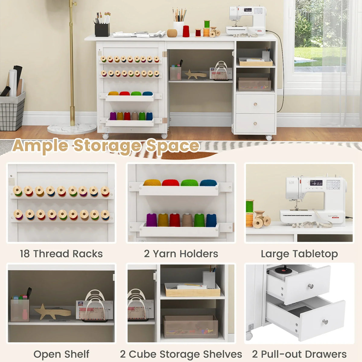 2026 NewCostway Folding Sewing Table Charging Station Multifunctional Sewing Machine Cart Table