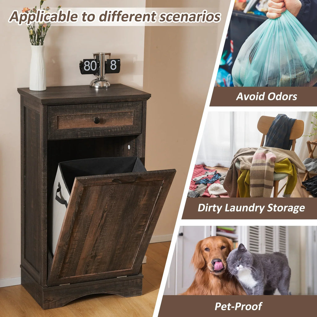 2026 NewHARIPUL Single Tilt Out Trash Cabinet for 13 Gallon Waste Bin, Free Standing Kitchen Trash Can Cabinet with Drawers, White