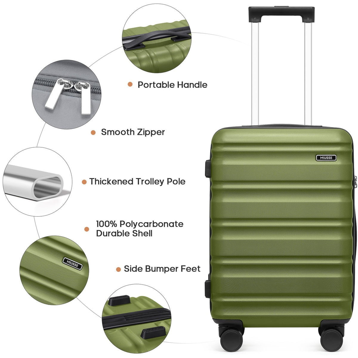 2026 NewMIUSSE Luggage Sets 3 Piece, 20 Inch Carry On Luggage with Wheels, 100% PC Hardshell Suitcase with TSA Lock, Carry On Suitcases Airline Approved With Travel Backpack for Men Women