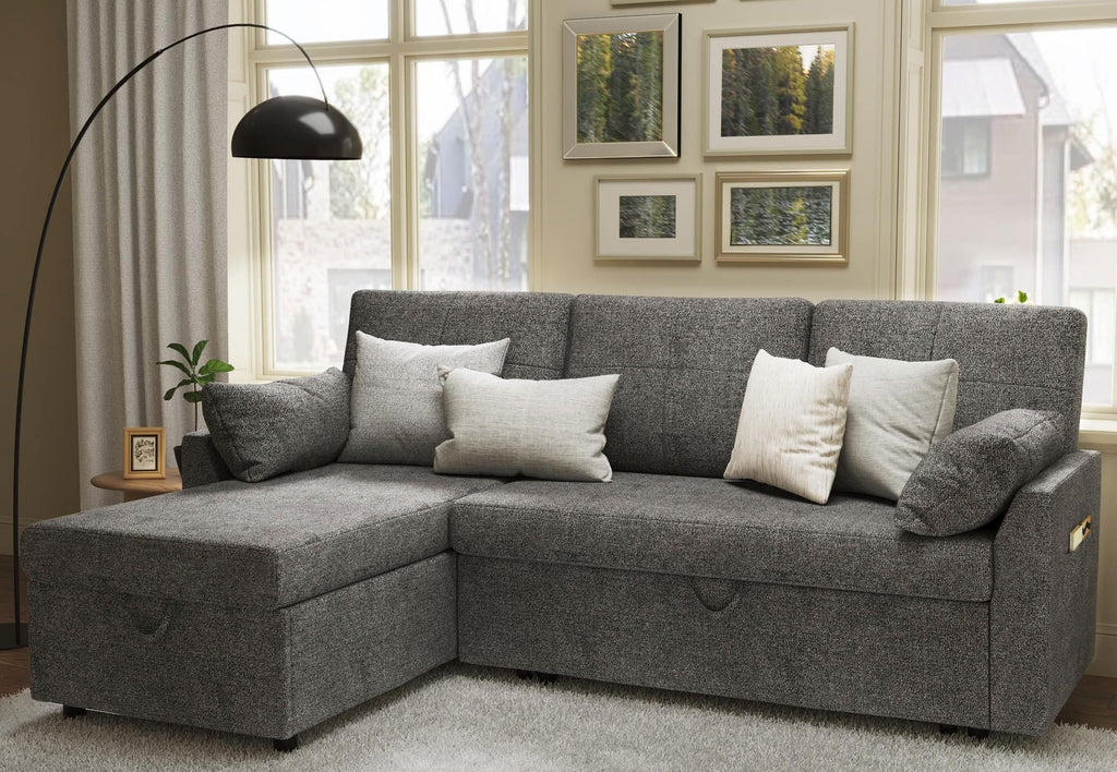 2026 NewVANACC Sofa Bed, Adult Sleeper Sofa with Storage Chaise, Pull Out Couch for Bed Room, Gray Chenille
