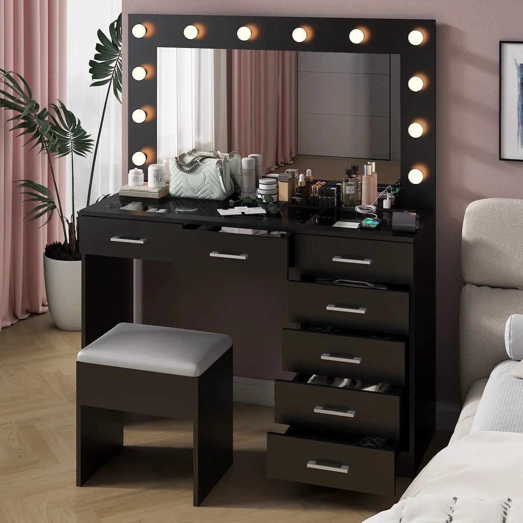 2026 NewKtaxon Large Makeup Vanity, Vanity Table Set w/ Visible Glass Top w/ Charging Station, White