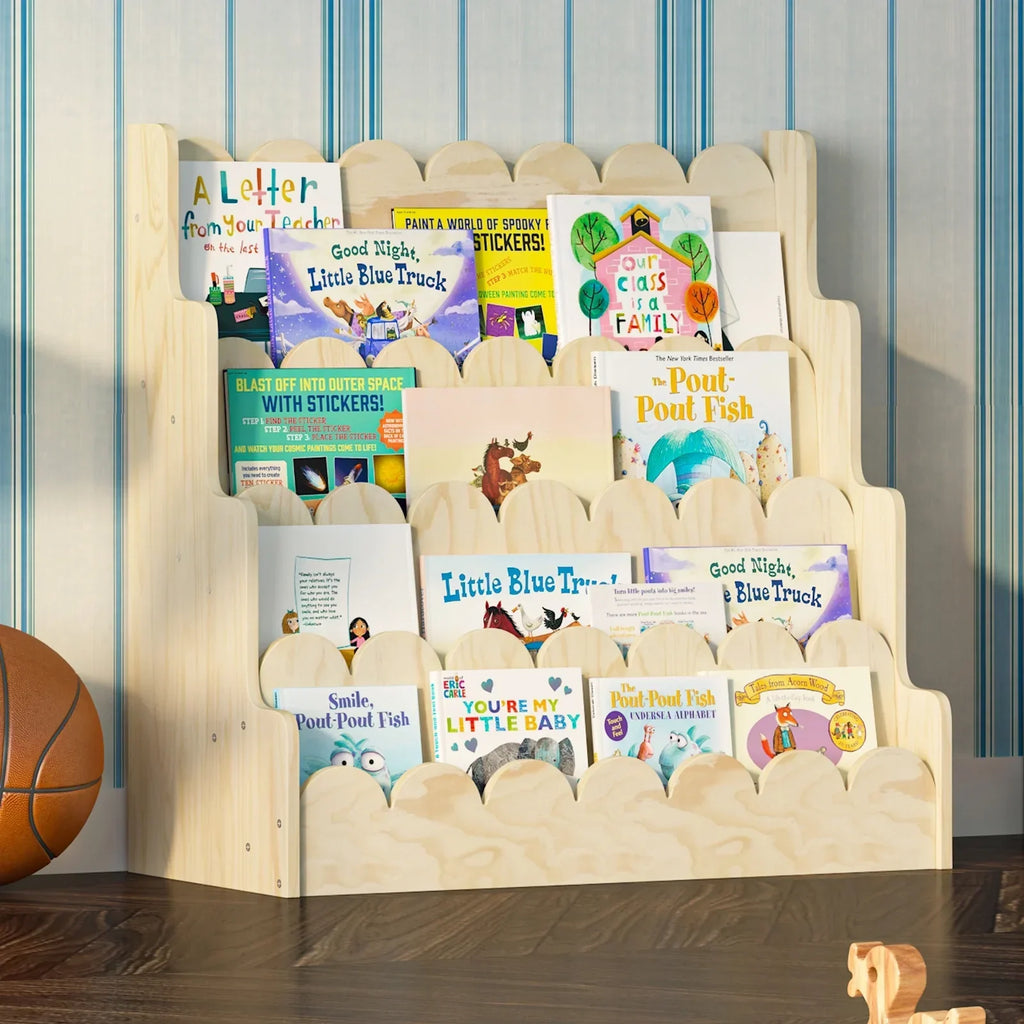 2026 NewMontessori Wood Kids Bookshelf - Scalloped 4-Tier Front-Facing Book Display, Nursery Organizer for Toddler/Baby Books & Toys, Gender-Neutral Classroom Playroom Storage