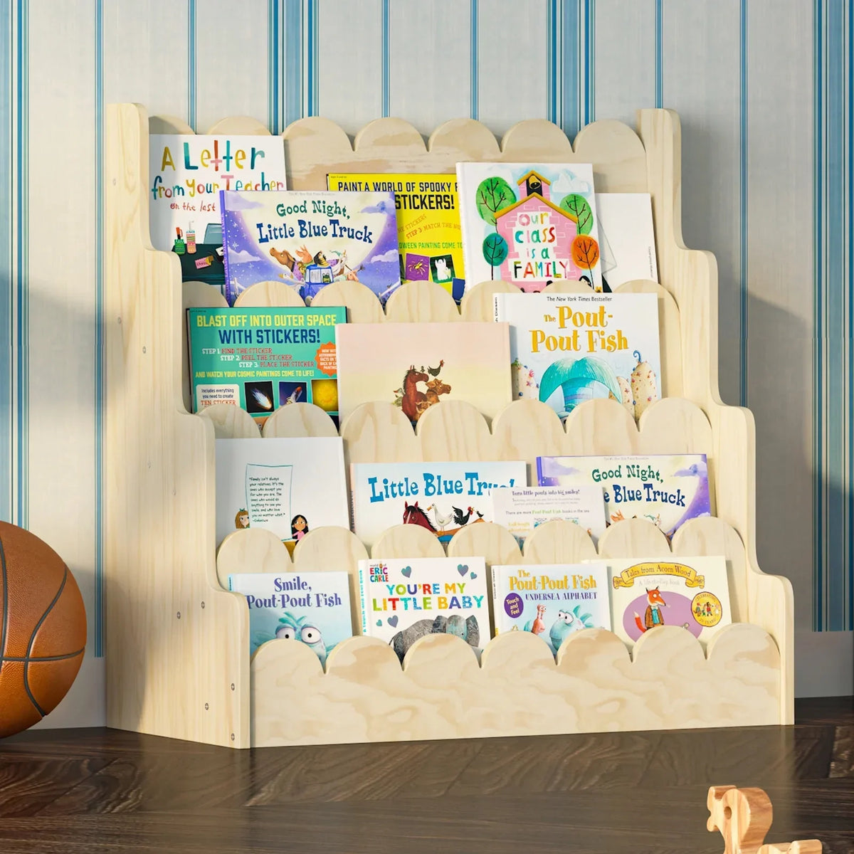 2026 NewMontessori Wood Kids Bookshelf - Scalloped 4-Tier Front-Facing Book Display, Nursery Organizer for Toddler/Baby Books & Toys, Gender-Neutral Classroom Playroom Storage