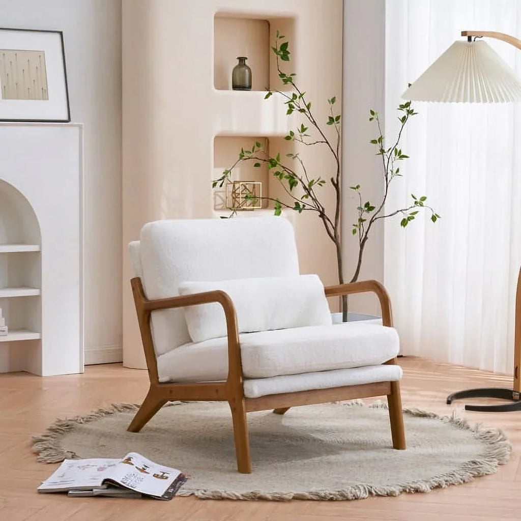 2026 NewAccent Chairs, Single Linen Lounge Reading Armchair with Solid Wood Frame, Mid Century Modern Easy Assembly Arm Chairs for Living Room-Beige