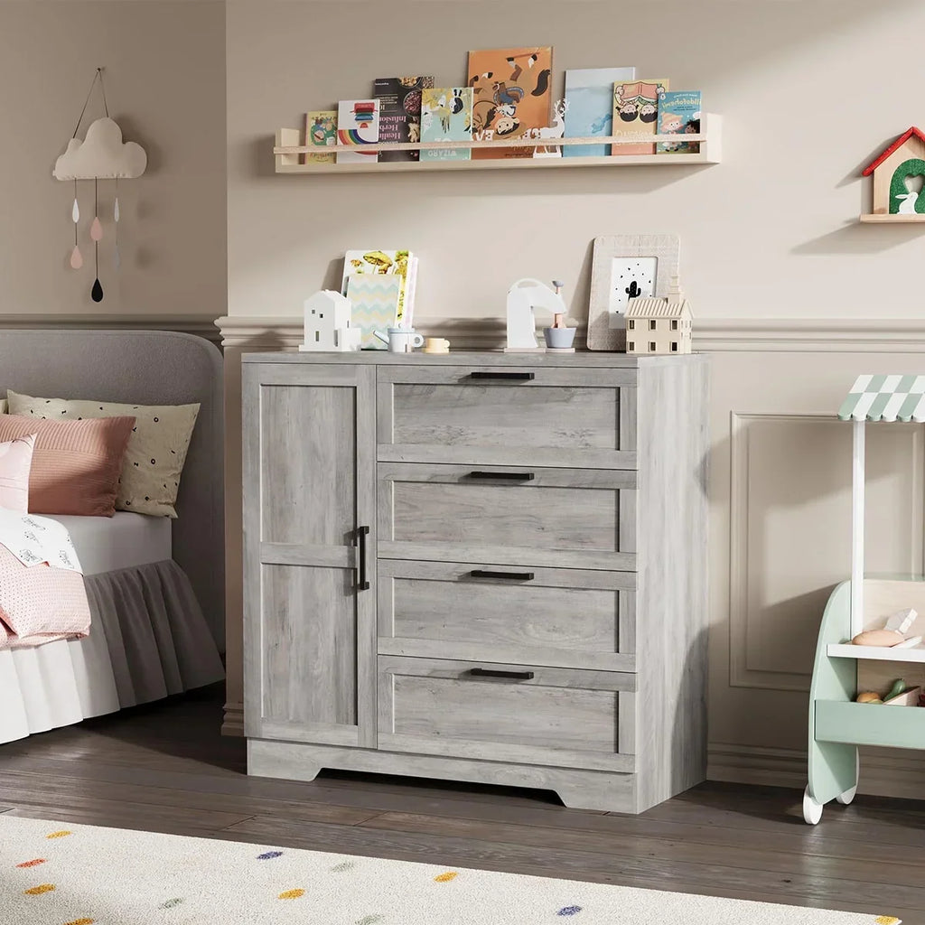 2026 NewAtaucjin Wood Armoire Wardrobe Closet with 4 Drawers and Door, 43.3" H Bedroom Wardrobe Cabinet with Hanging Rod, Clothing Storage Cabinets, 4 Drawers Dresser with Storage Closet