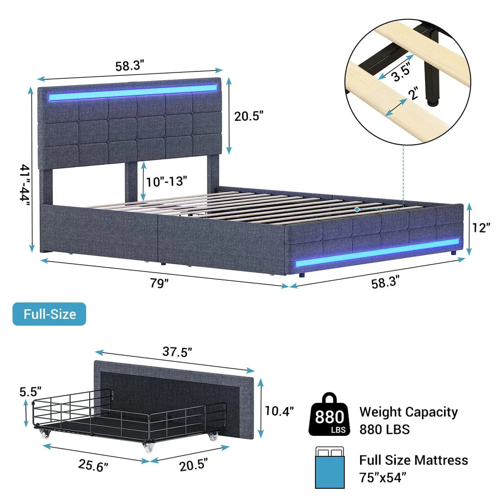 2026 NewFull Size Bed Frame with 4 Storage Drawers, Platform Bed Frame with 2 USB Ports, Upholstered Bed with LED Headboard Footboard, Square Stitched Button Tufted Design, Dark Grey