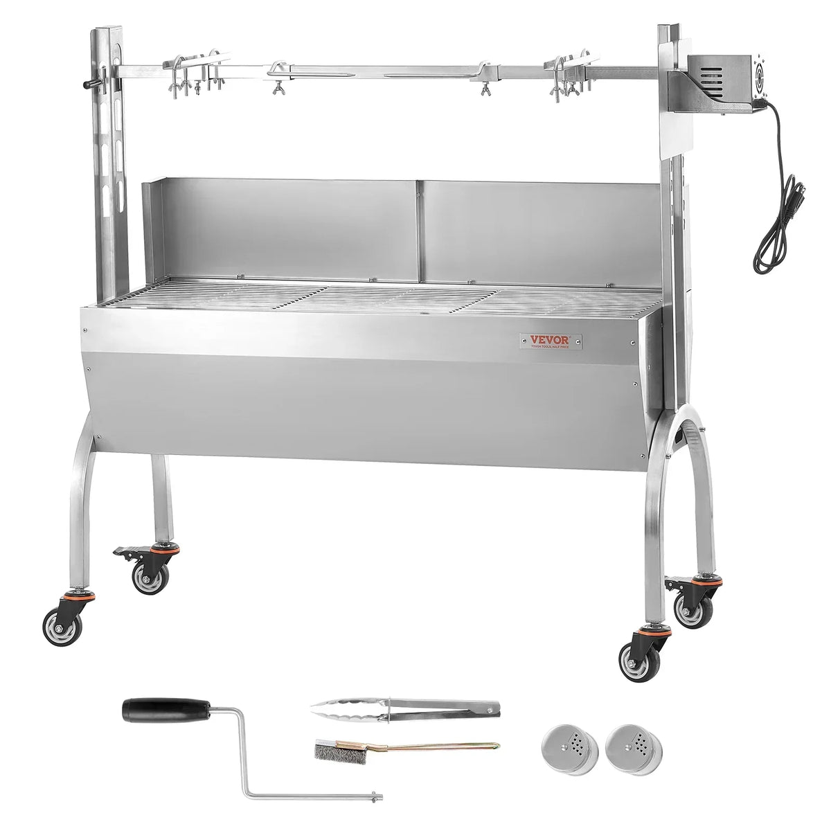 2026 NewVEVOR Rotisserie Grill with Windscreen, BBQ Whole Pig Lamb Goat Charcoal Spit Grill, 46 Inch 132 Lbs Capacity, Electric 52W Motor Stainless Steel Roaster with Lockable Wheels, for Camping Outdoor