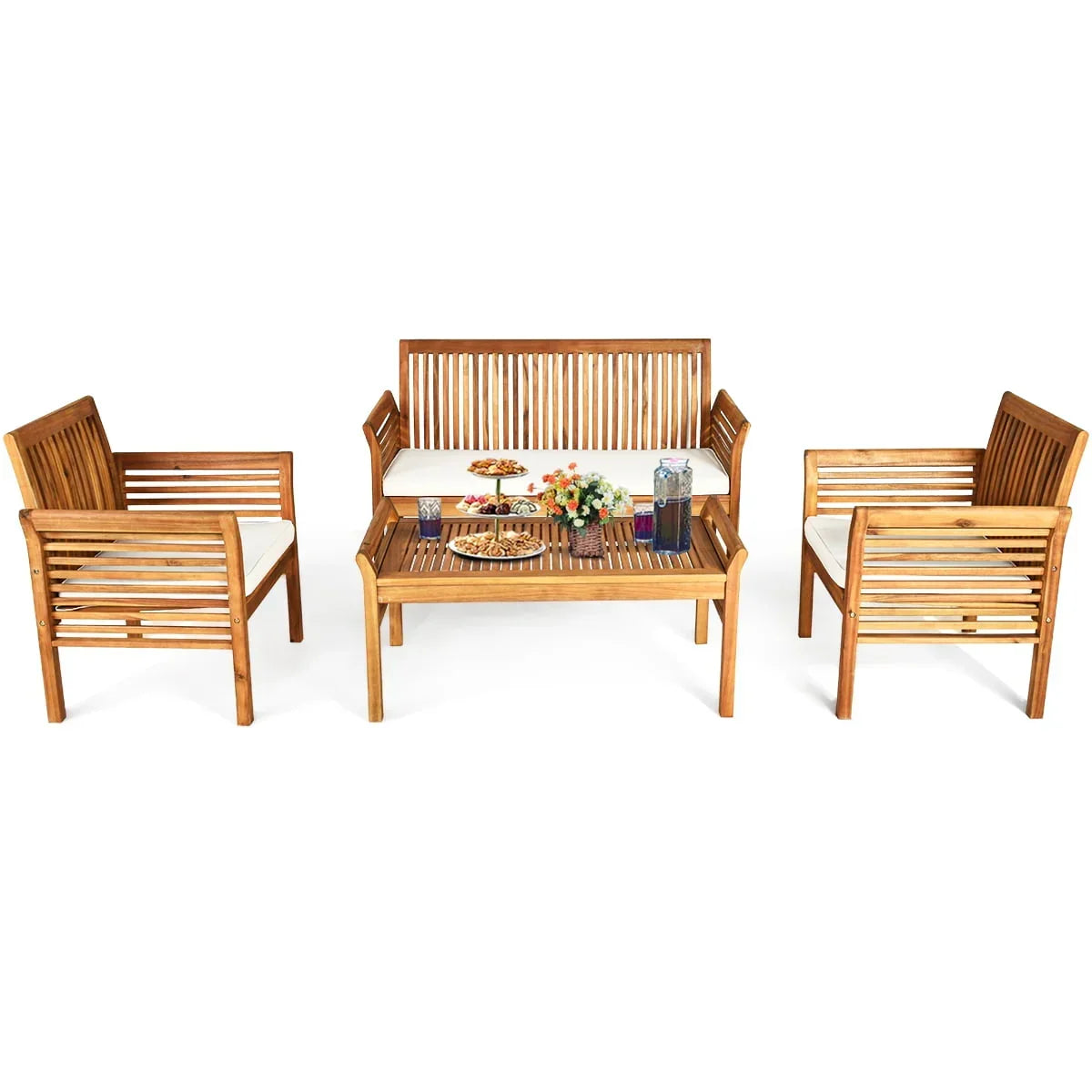 2026 NewCostway 4 PCS Outdoor Acacia Wood Sofa Furniture Set Cushioned Chair Coffee Table Garden