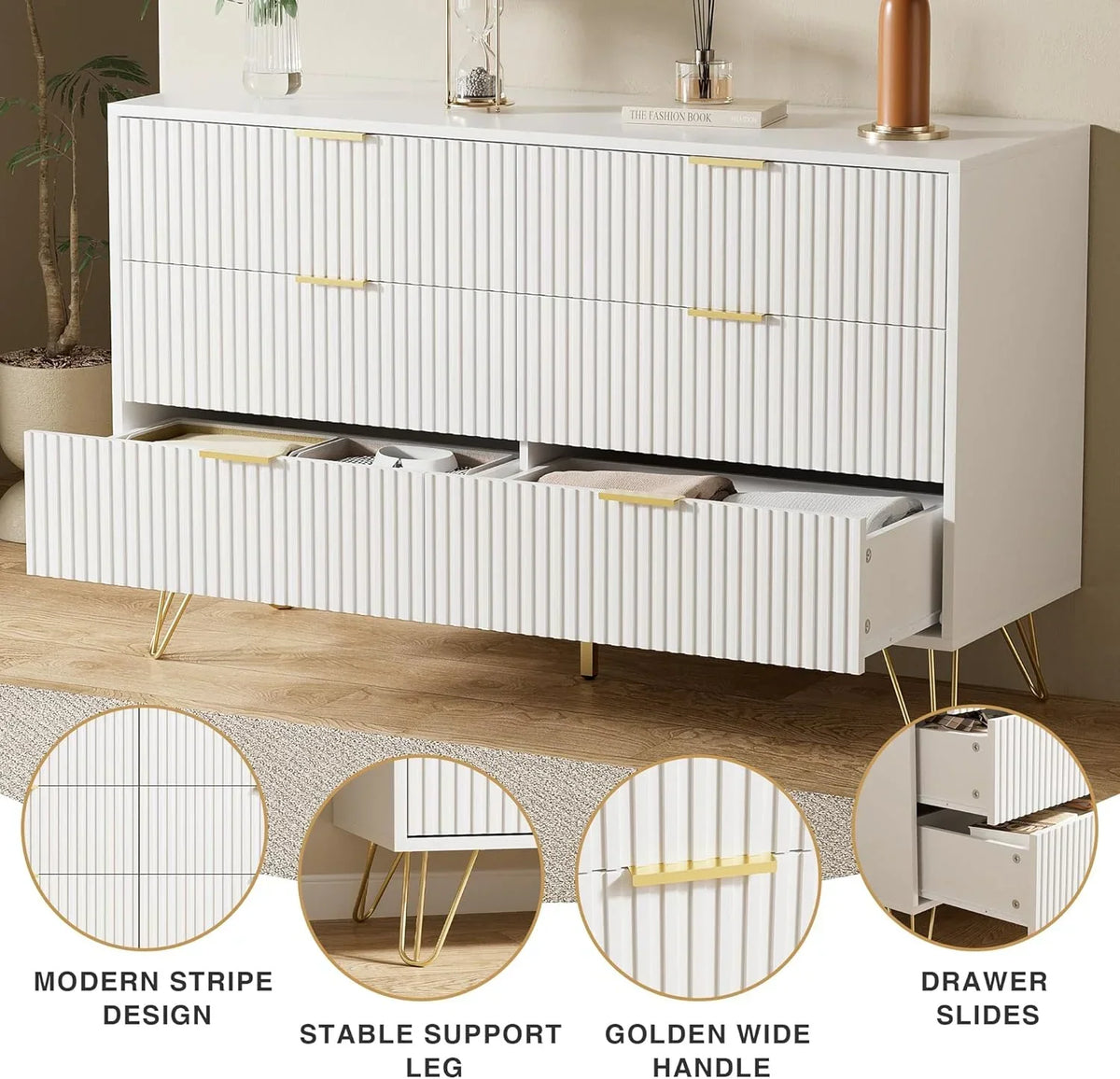 2026 NewFURNIWAY White 6 Drawer Dresser for Bedroom, Modern Dresser with Gold Metal Handles,Fluted Wood TV Stand for Living Room, Hallway