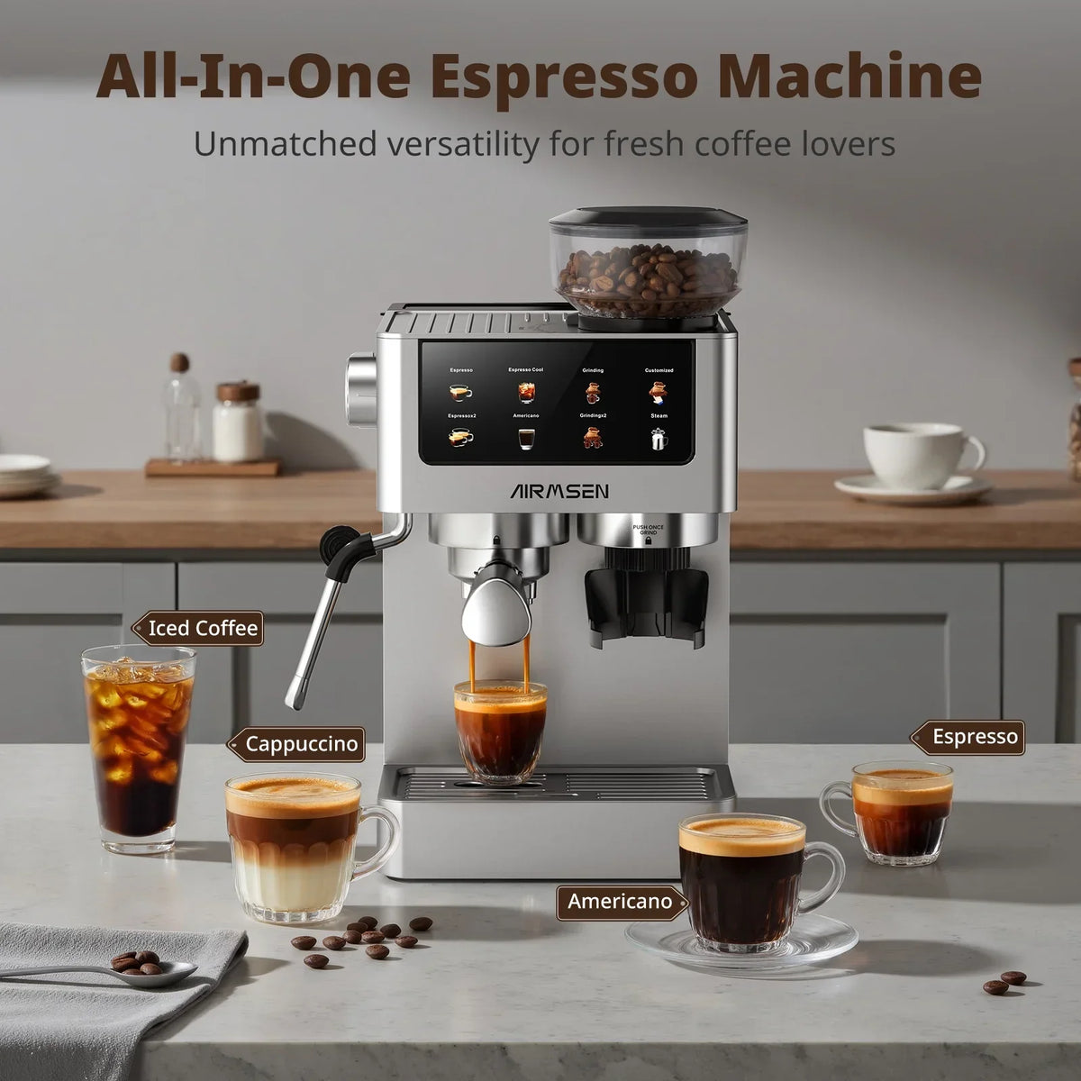 2026 NewAIRMSEN Espresso Machine with Grinder, Espresso Coffee Machine with Customized Grind Amount & Coffee Volume, Cold Brew Coffee Maker for Cappuccino Latte Americano, Brushed Stainless Steel