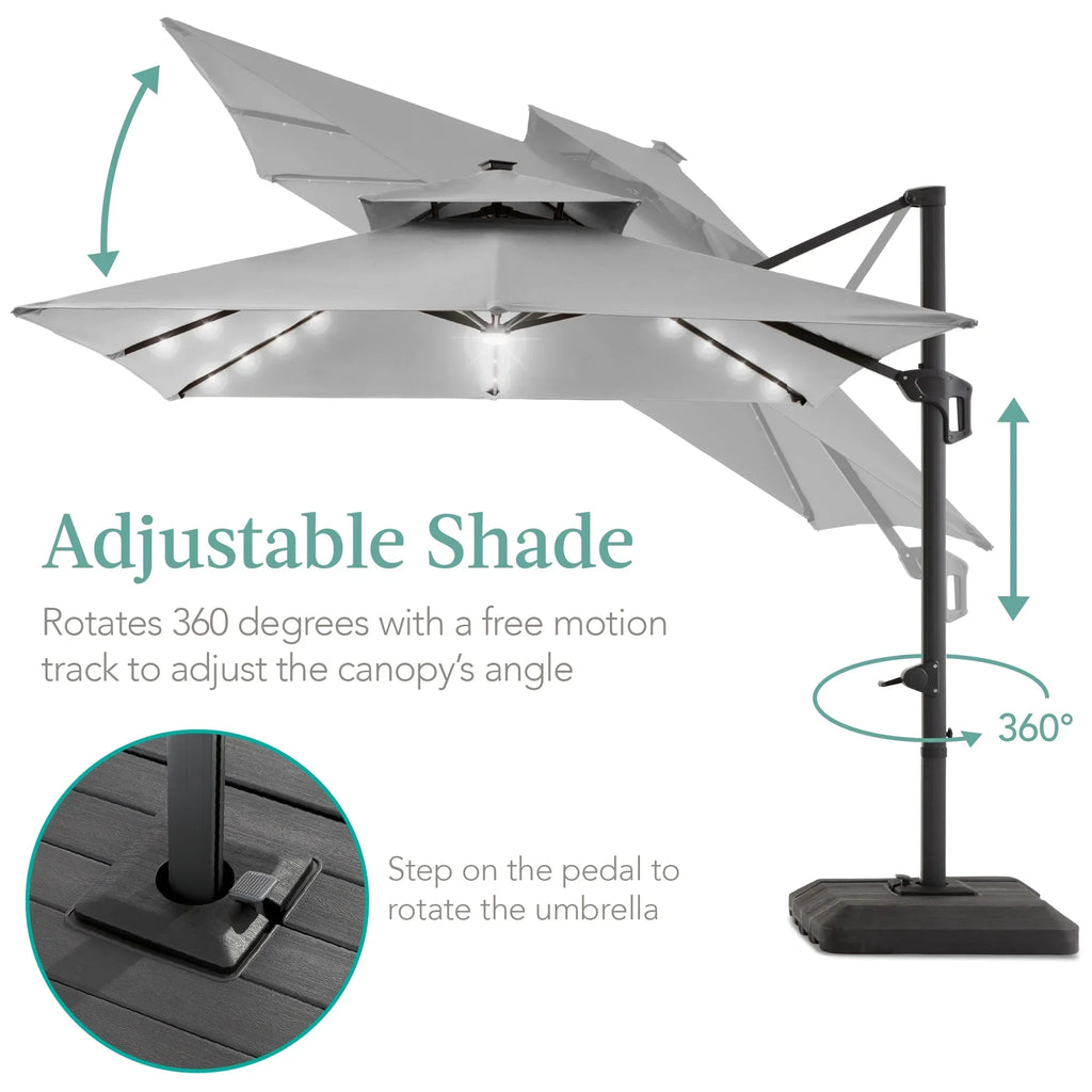 2026 NewBest Choice Products 10x10ft 2-Tier Square Outdoor Solar LED Cantilever Patio Umbrella w/ Base Included - Tan