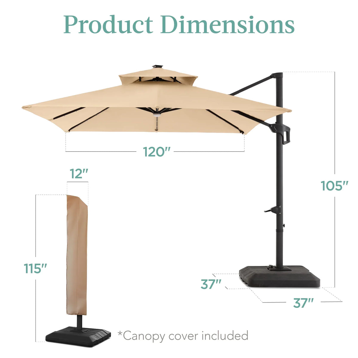 2026 NewBest Choice Products 10x10ft 2-Tier Square Outdoor Solar LED Cantilever Patio Umbrella w/ Base Included - Tan