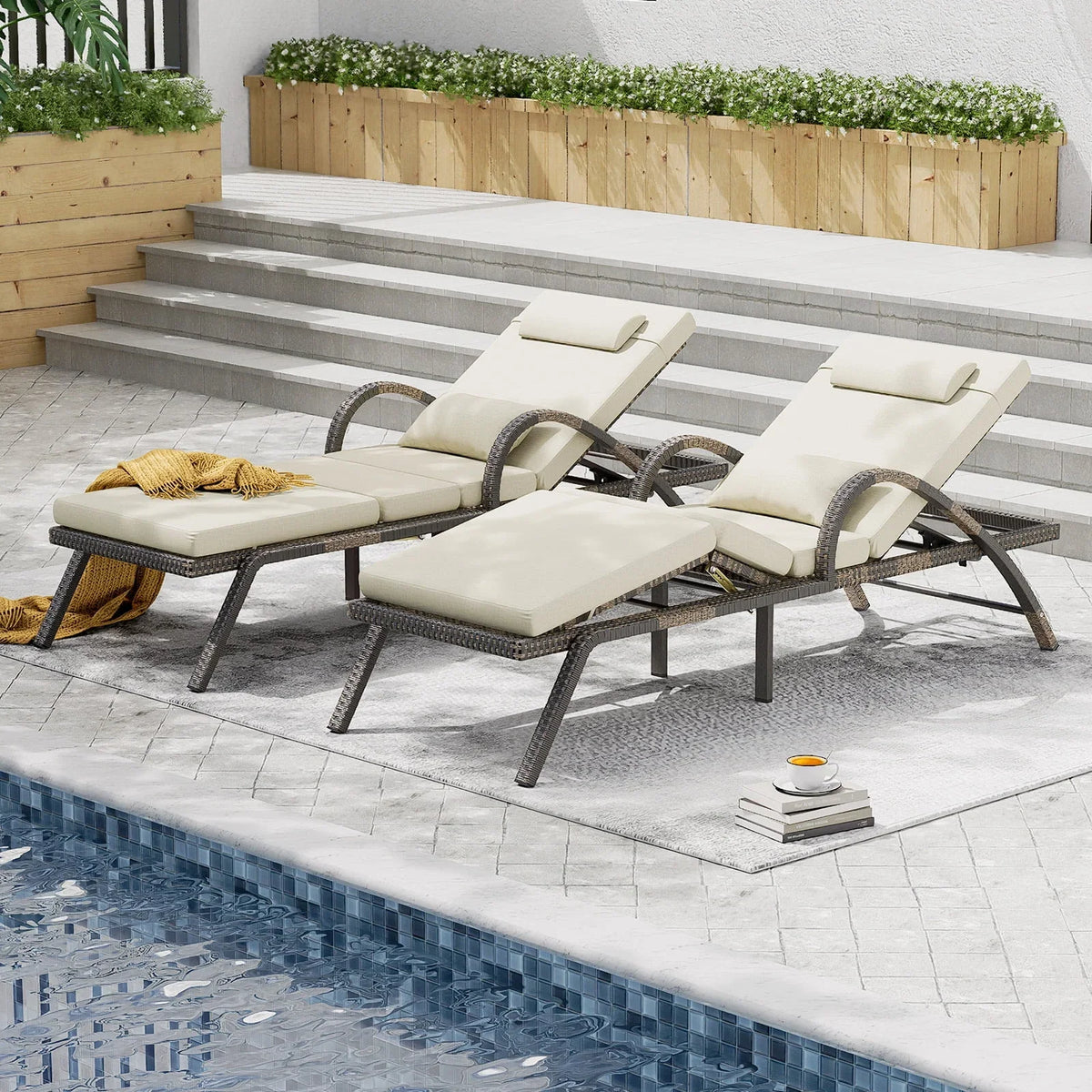 2026 NewMEISSALIVVE 4-Piece Outdoor Lounge Chairs, Pool Chairs with Adjustable 5 Position Backrest, PE Rattan Chaise for Backyard Porch Deck (Gray)