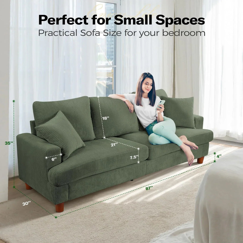 2026 New87" Corduroy Sofa,3 Seater Sofa with Extra Deep Seats,Neche Comfy Upholstered Couch for Living Room,2 Pillows,Green