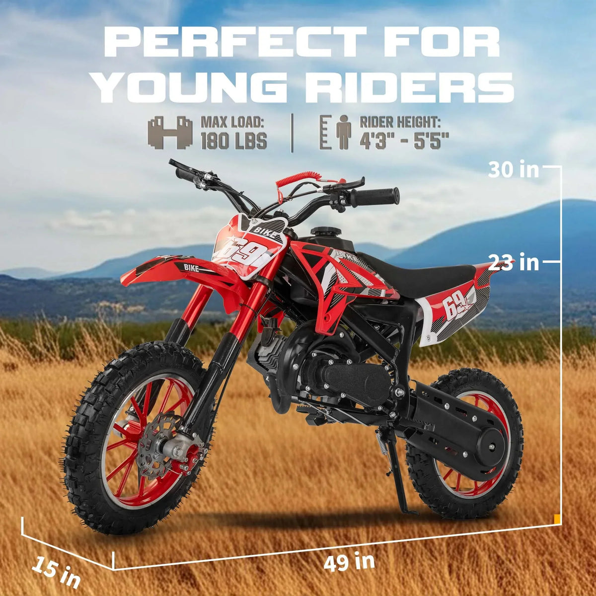 2026 NewMX moto 49CC Kids Dirt Bicycle, 2-Stroke Gas Powered Off Road Motorcycle, Tire Shock Absorber Spring Soft Seat Cushion with Front and Rear Disc Brake, Max Speed 28 MPH