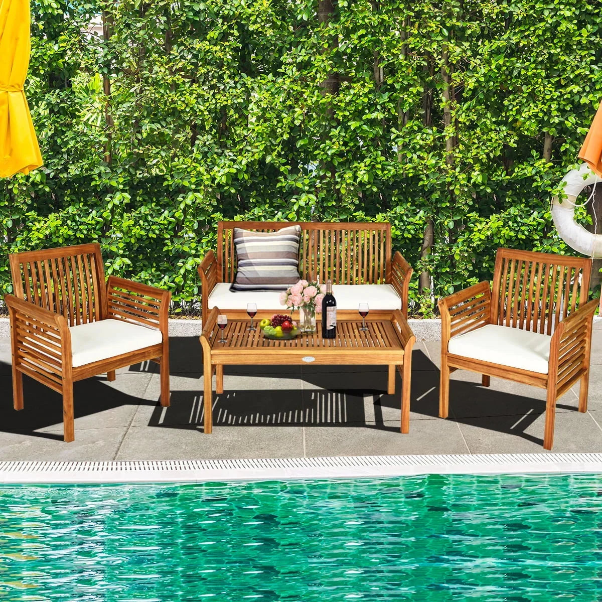 2026 NewCostway 4 PCS Outdoor Acacia Wood Sofa Furniture Set Cushioned Chair Coffee Table Garden