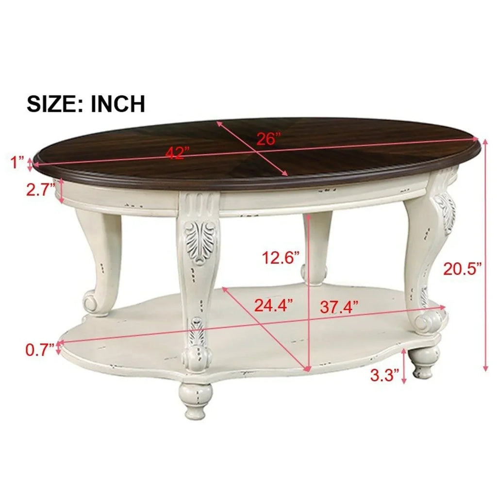 2026 New42" Oval Coffee Table with Storage Shelf, 2-Tier Solid Wood Cocktail Tea Table, Traditional Retro Center Table for Living Room, Bearing 400LBS, Cherry