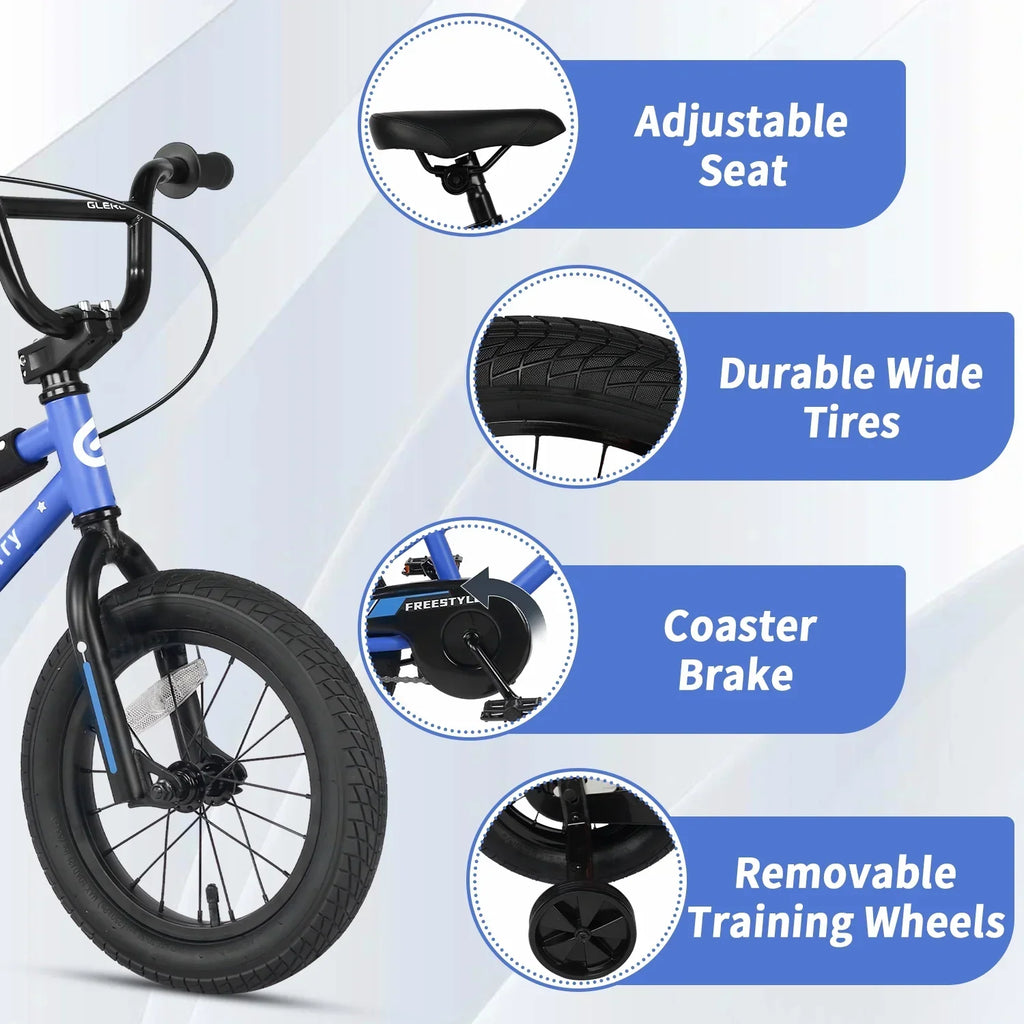 2026 NewGlerc 14 Inch Little Kids Bike BMX Style Bicycle with Training Wheels Coaster Brake for 3 4 5 Years Old Boys Girls, Blue