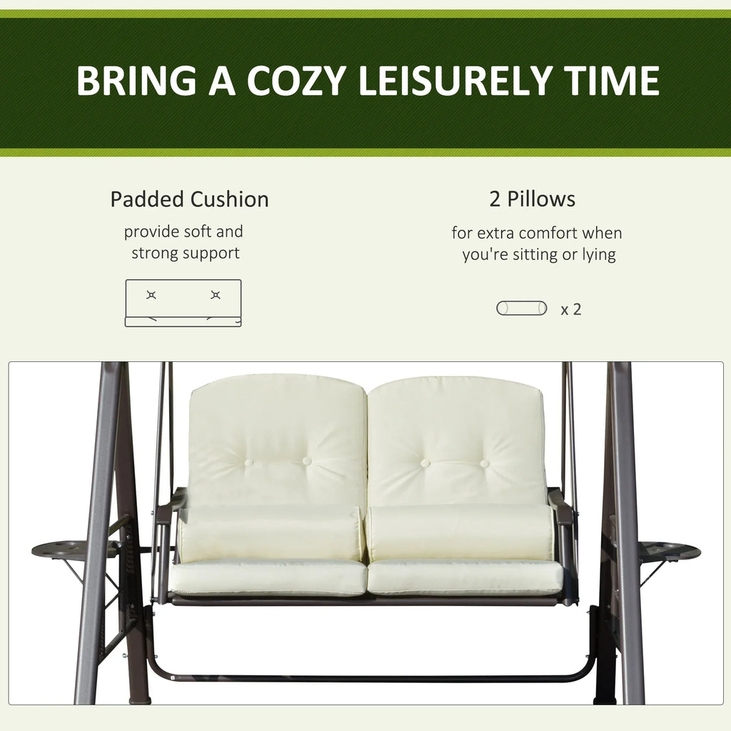 2026 NewOutsunny 2-Person Patio Swing Bench with Adjustable Shade Canopy, Soft Cushions, Throw Pillows and Tray, Beige.