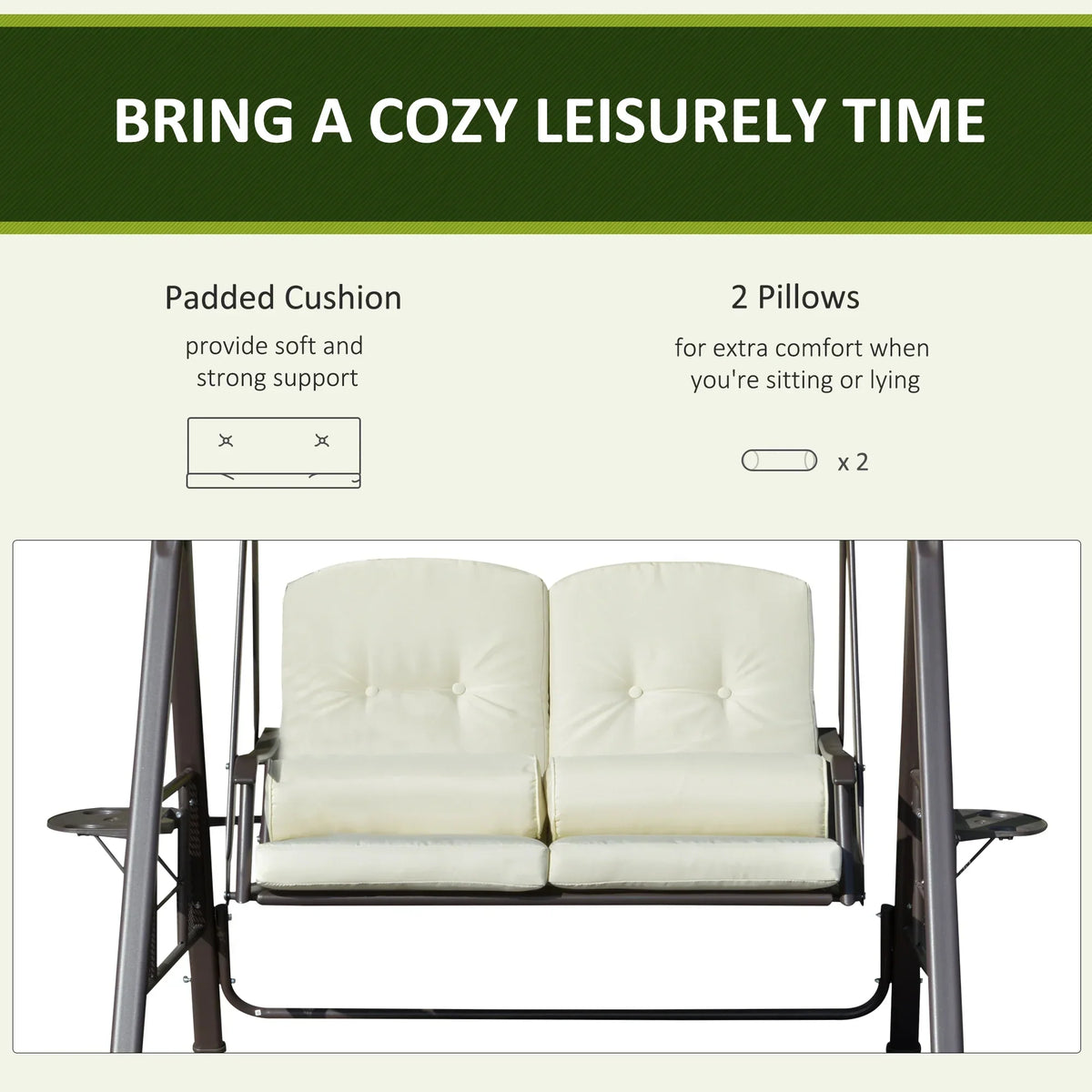 2026 NewOutsunny 2-Person Patio Swing Bench with Adjustable Shade Canopy, Soft Cushions, Throw Pillows and Tray, Beige.