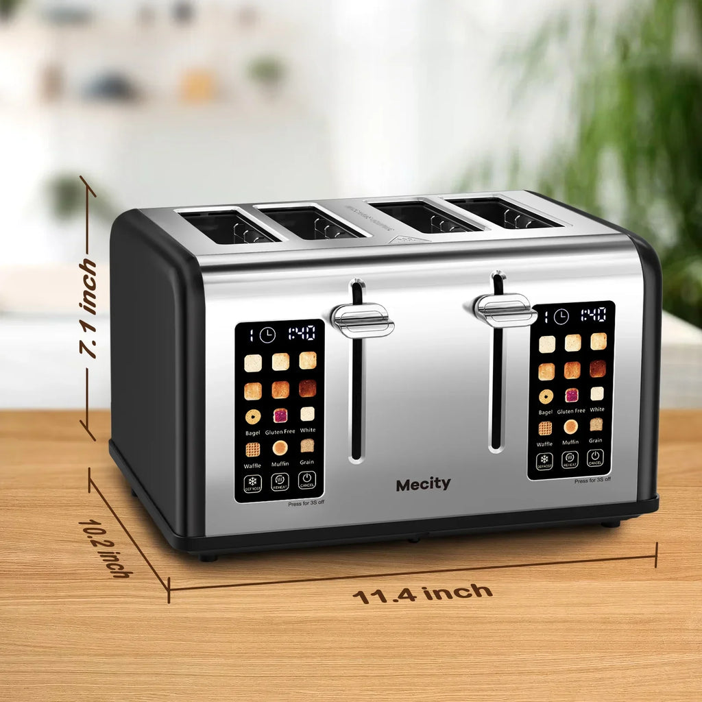 2026 NewMecity 4-Slice Touchscreen Toaster, Stainless Steel, 6 Browning Settings, Reheat, Cancel, Defrost, Removable Tray