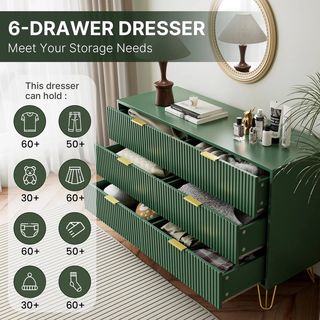 2026 NewFURNIWAY White 6 Drawer Dresser for Bedroom, Modern Dresser with Gold Metal Handles,Fluted Wood TV Stand for Living Room, Hallway