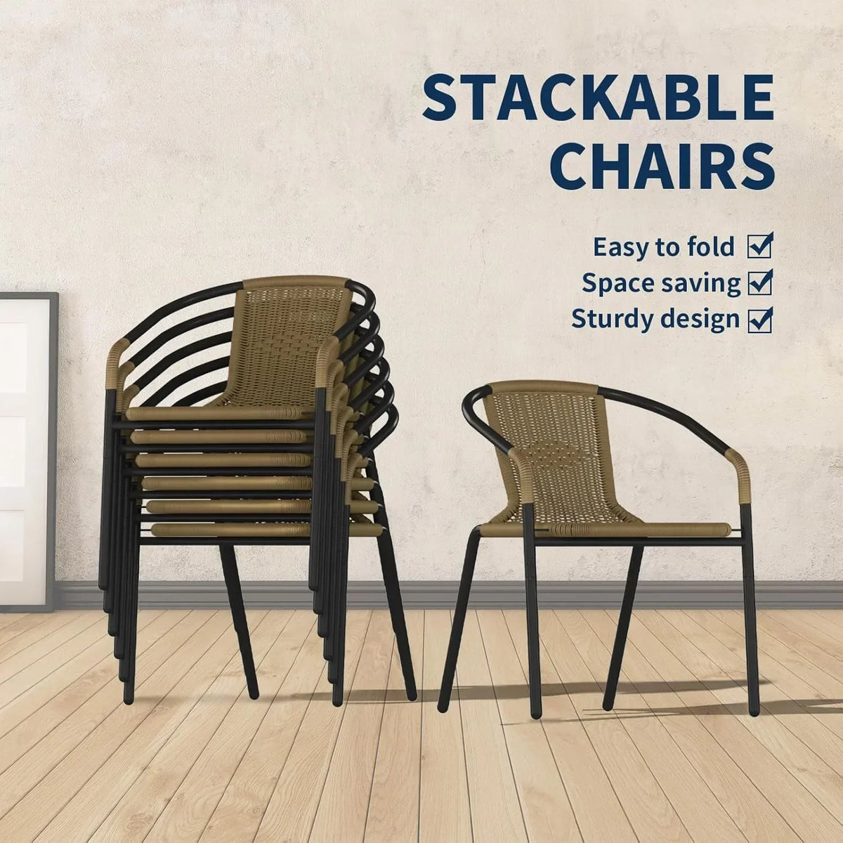 2026 NewELPOSUN Outdoor Dining Chairs Set of 6, Wicker Patio Chairs with Metal Frame, Rattan Indoor-Outdoor Chairs for Bistro, Deck, Backyard, Porch, Restaurant Stack Chair 6 Pack (Black)