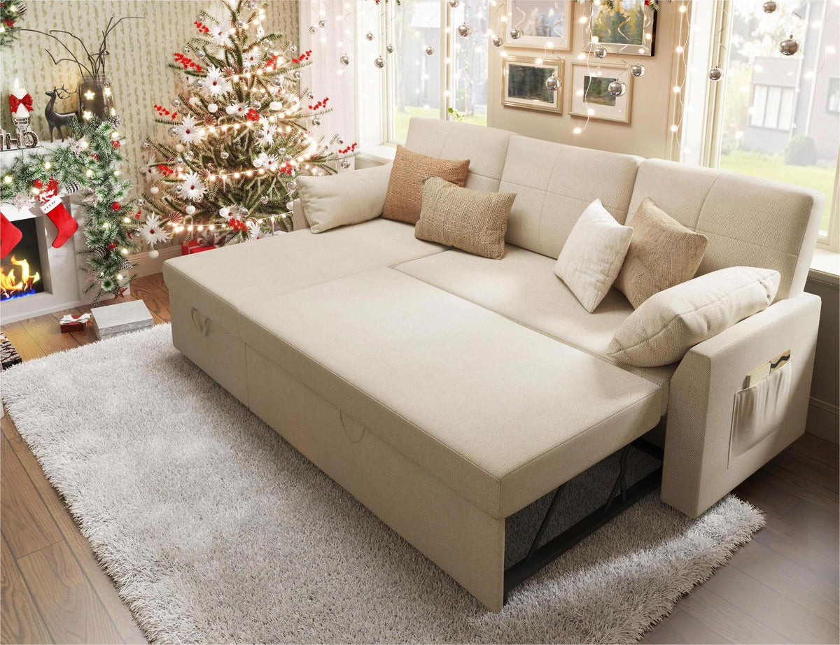 2026 NewVANACC Sofa Bed, Adult Sleeper Sofa with Storage Chaise, Pull Out Couch for Bed Room, Gray Chenille