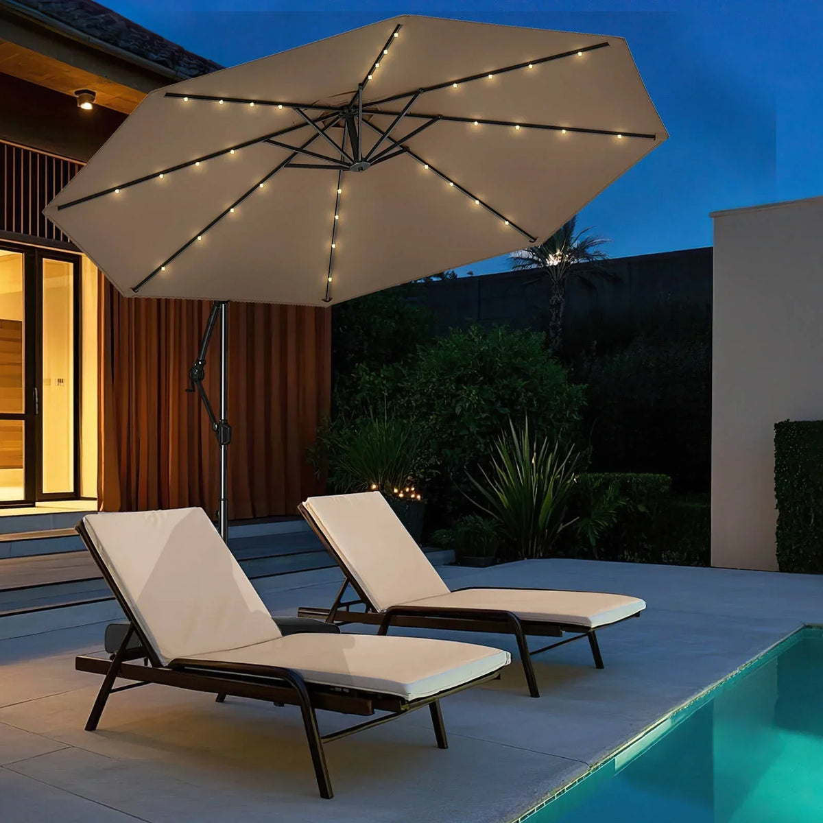 2026 NewCostway 10 FT Solar Offset Hanging Umbrella Patio Cantilever Umbrella with 32 LED Lights Brown