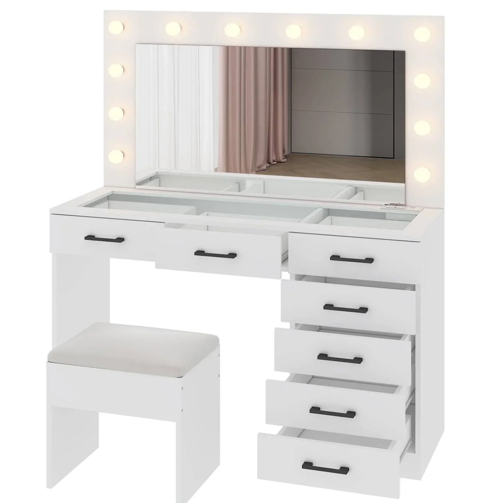 2026 NewKtaxon Large Makeup Vanity, Vanity Table Set w/ Visible Glass Top w/ Charging Station, White