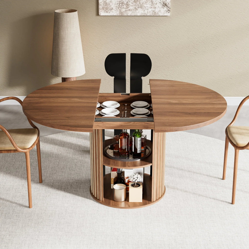 2026 NewExtendable Dining Table for 4-6, Round Kitchen Table with Storage Shelf, Oval Dining Tables for Living Room (Walnut)