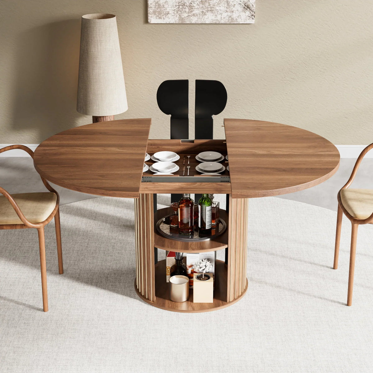 2026 NewExtendable Dining Table for 4-6, Round Kitchen Table with Storage Shelf, Oval Dining Tables for Living Room (Walnut)