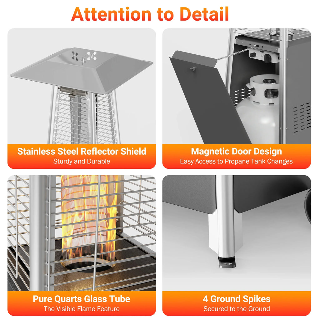 2026 NewSegmart 48,000 BTU Pyramid Patio Heater, Tall Standing Outdoor Propane Heater with Wheels & Tip-Over Safety Protection, Visible Flame Glass Tube for Backyard, Garden, Commercial Use - Gray