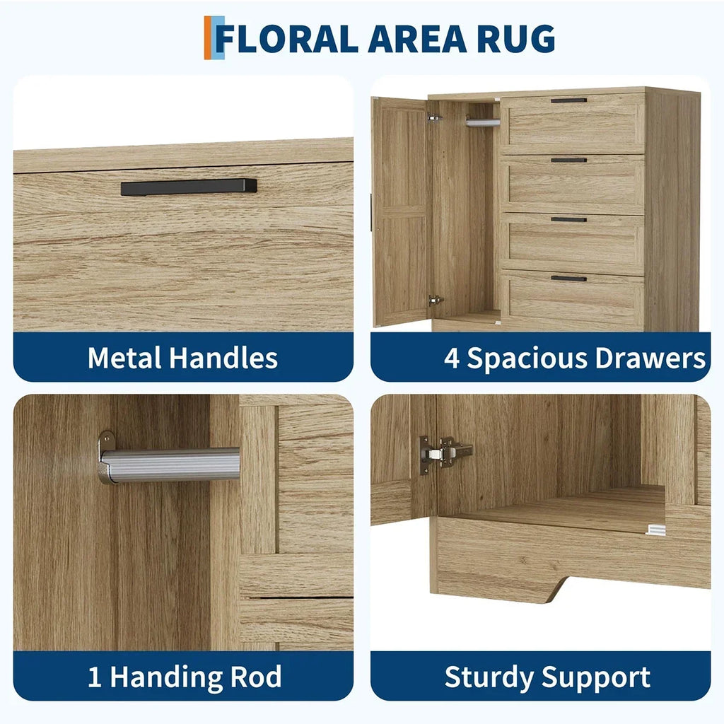 2026 NewAtaucjin Wood Armoire Wardrobe Closet with 4 Drawers and Door, 43.3" H Bedroom Wardrobe Cabinet with Hanging Rod, Clothing Storage Cabinets, 4 Drawers Dresser with Storage Closet