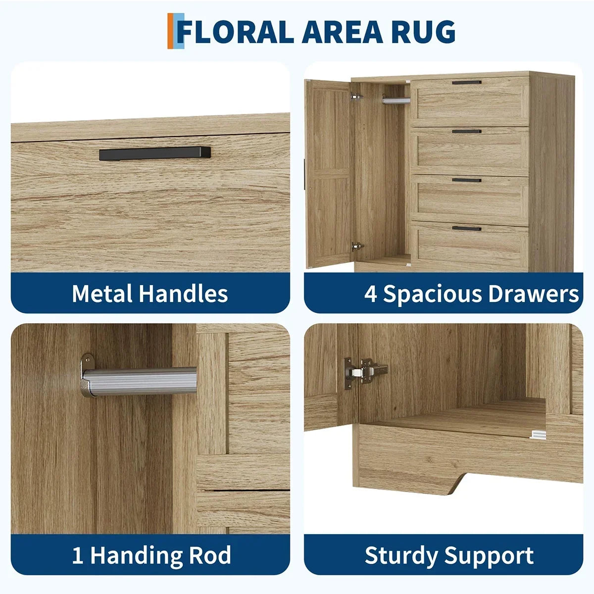 2026 NewAtaucjin Wood Armoire Wardrobe Closet with 4 Drawers and Door, 43.3" H Bedroom Wardrobe Cabinet with Hanging Rod, Clothing Storage Cabinets, 4 Drawers Dresser with Storage Closet