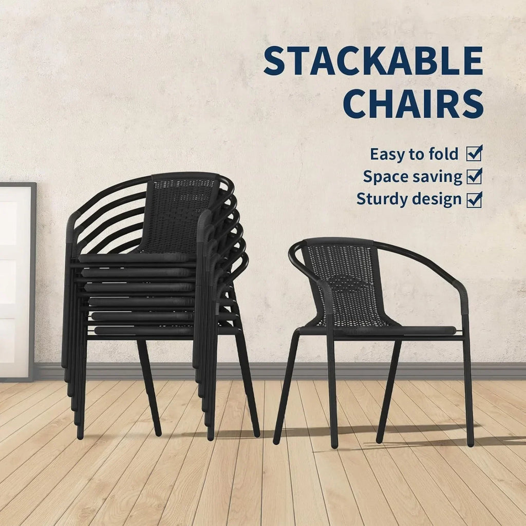 2026 NewELPOSUN Outdoor Dining Chairs Set of 6, Wicker Patio Chairs with Metal Frame, Rattan Indoor-Outdoor Chairs for Bistro, Deck, Backyard, Porch, Restaurant Stack Chair 6 Pack (Black)