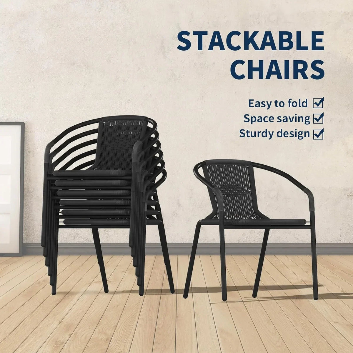 2026 NewELPOSUN Outdoor Dining Chairs Set of 6, Wicker Patio Chairs with Metal Frame, Rattan Indoor-Outdoor Chairs for Bistro, Deck, Backyard, Porch, Restaurant Stack Chair 6 Pack (Black)