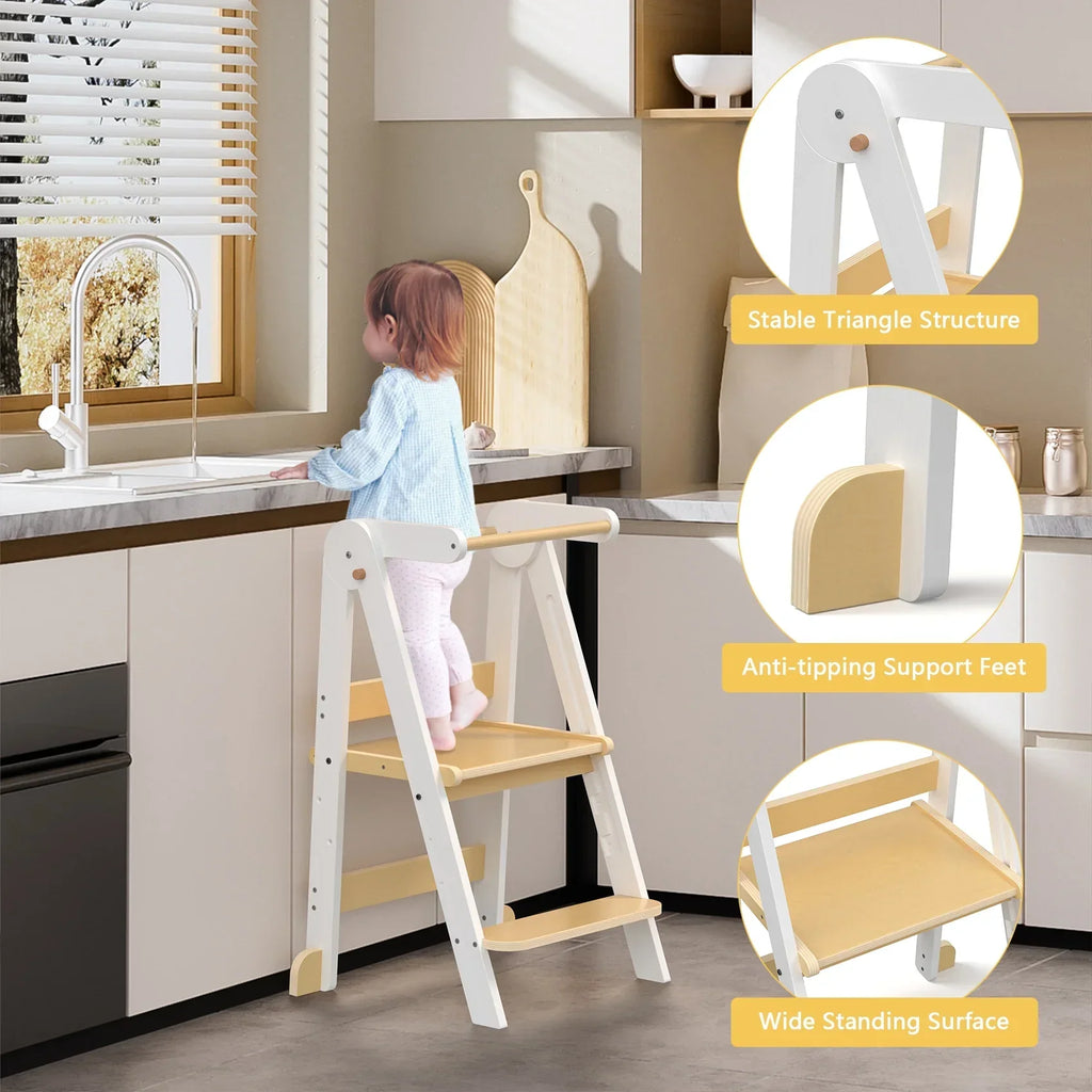 2026 NewJOZ Kitchen Toddlers Step Stool, Montessori Kids Learning Stool, Foldable Toddler Tower for Counter, Standing Helper for Children, 3 Adjustable Heights, Wooden, White