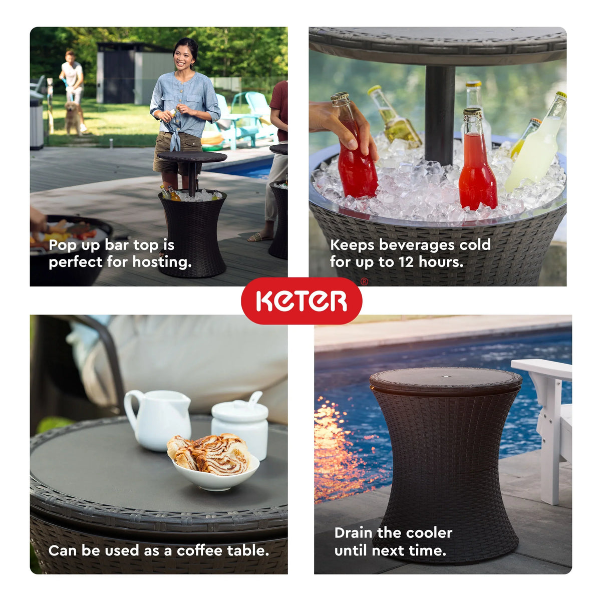 2026 NewKeter Pacific 7.5 Gallon Cool Bar 2 in 1 Weather Resistant Side Table and Bar Durable Resin Outdoor Patio Beverage Cooler Table, Rattan Look Brown