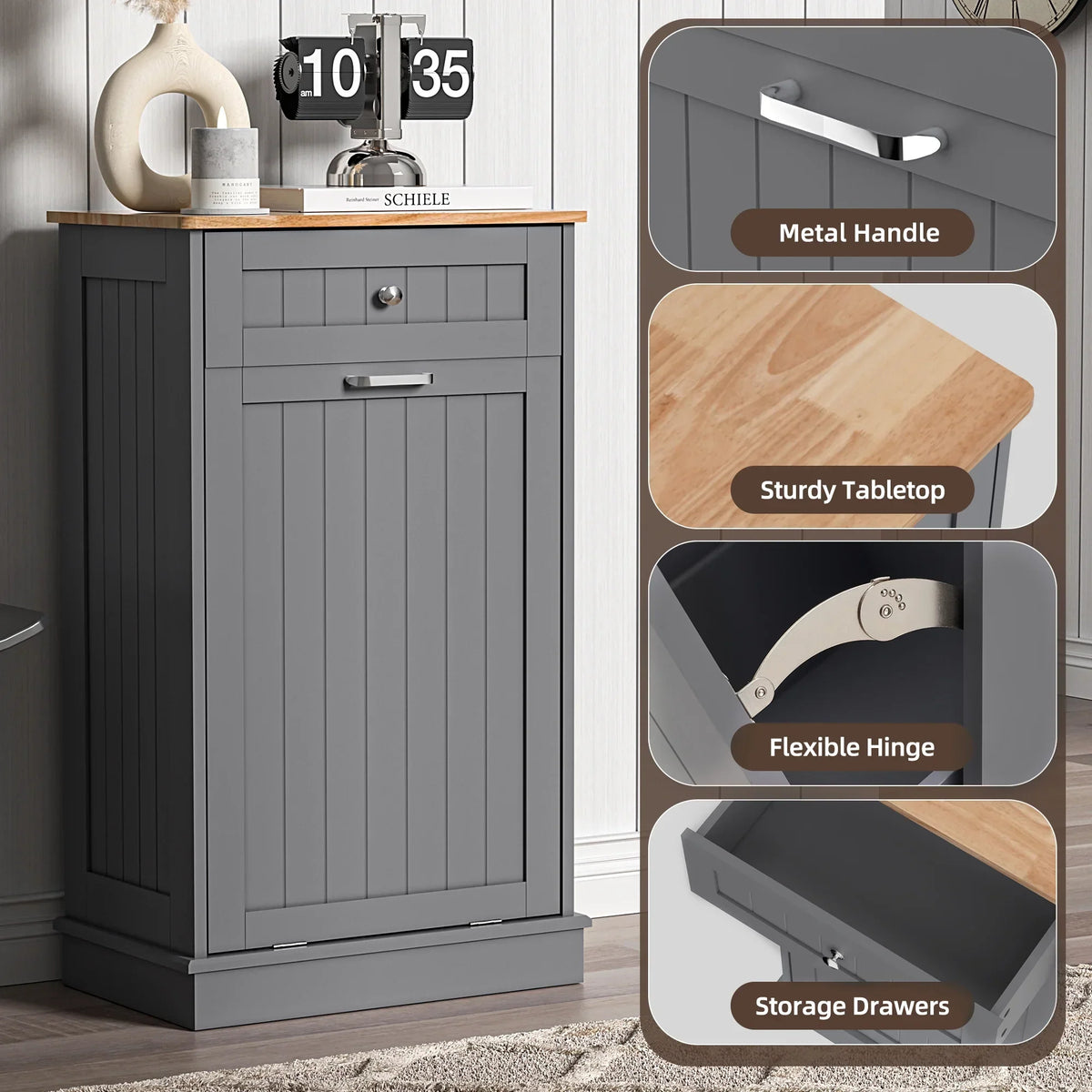 2026 NewHARIPUL Single Tilt Out Trash Cabinet for 13 Gallon Waste Bin, Free Standing Kitchen Trash Can Cabinet with Drawers, White