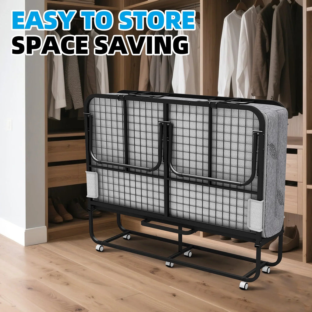 2026 NewFolding Bed with Mattress 75" x 31" Cot Size Folded Bed, Rollaway Guest Bed Portable Foldable Extra Bed for Adults Daybed with 5" Memory Foam Mattress Space-Saving Sturdy Metal Grid Frame