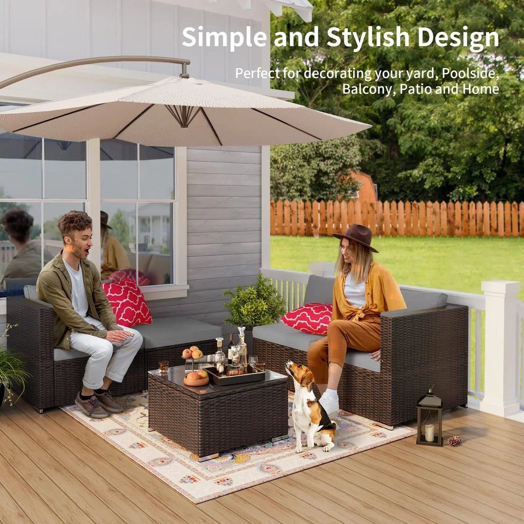 2026 NewPatio Furniture Set Clearance, Lofka 5 Piece Outdoor Sectional Furniture Chair Set with Cushions and Tea Table, Gray